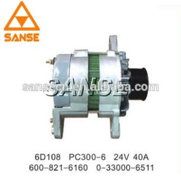 PC300-6 6D108 600-821-6160 0-33000-6511 24V 40A excavator engine generator alternator